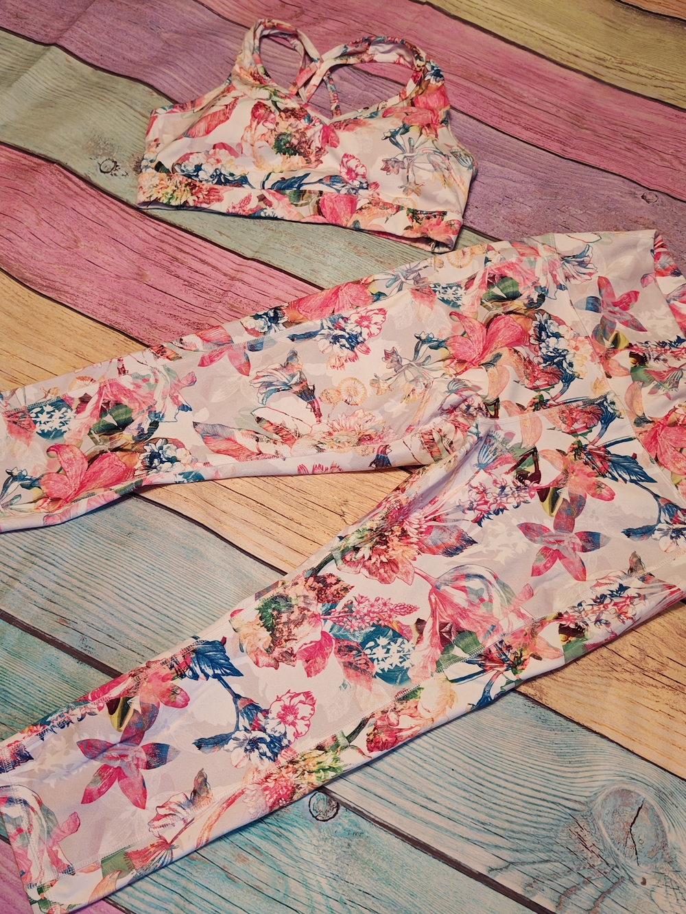 XL RBX white Floral Active Legging capri and Sports Bra Set #KJ63